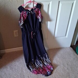 Monteau Navy Midi Dress with Pink & White Floral Accents